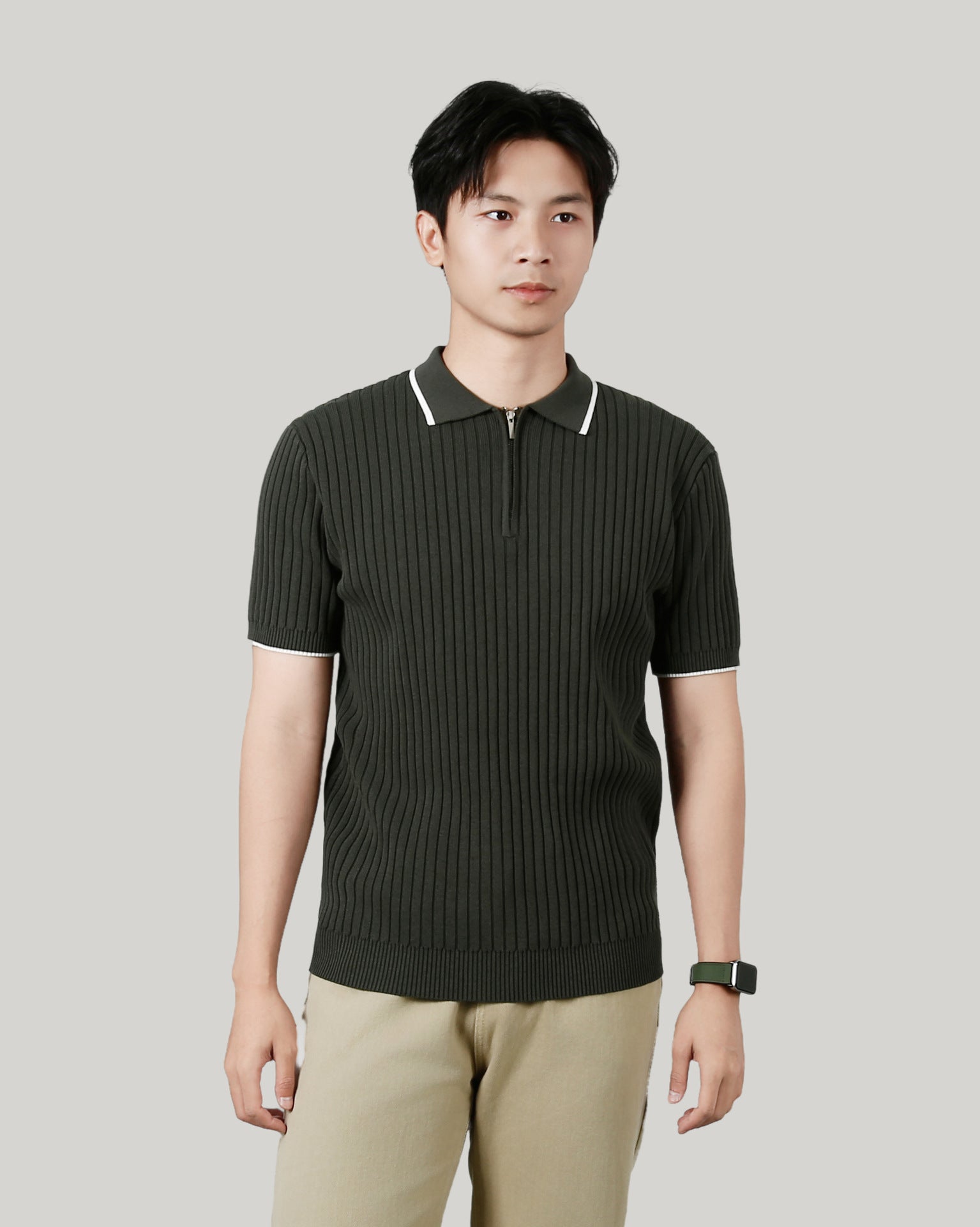 Men's Half-zip Ice Silk Knitted Lapel Vertical Striped Top