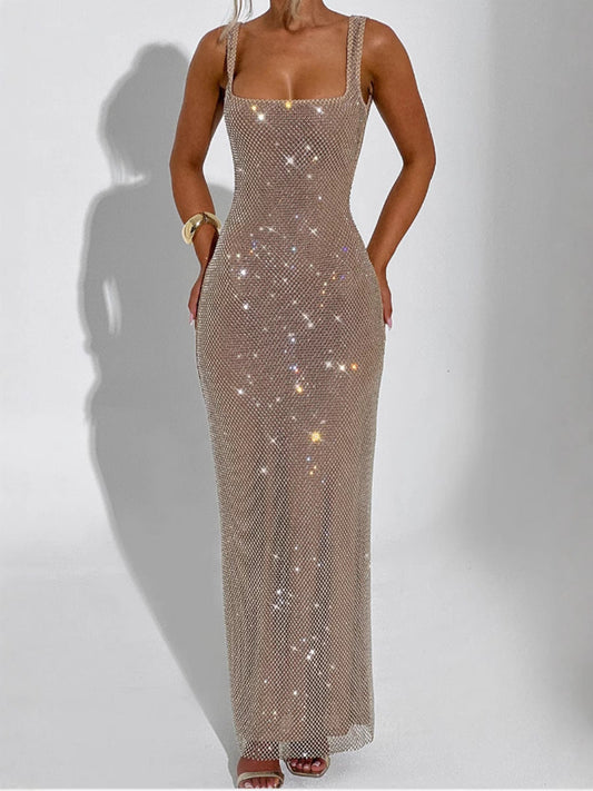 Sexy Double-shoulder Strap Sequins Net Drill Suspenders Dress.