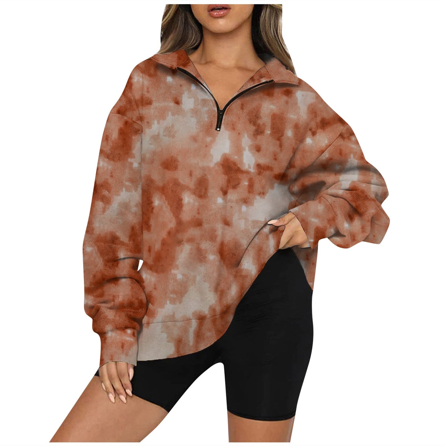 Tie Dye Printed Zippered Lapels Sweatshirt Womens Clothing Long Sleeve Loose Pocketless Top null