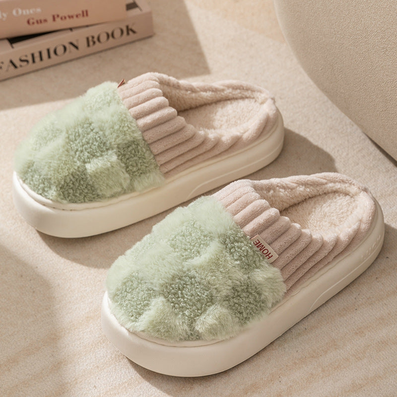 Plaid Plush Slippers Women's Indoor Plush Home Slippers Soft Sole Thick Non-Slip Warm House Shoes Couple Autumn And Winter null