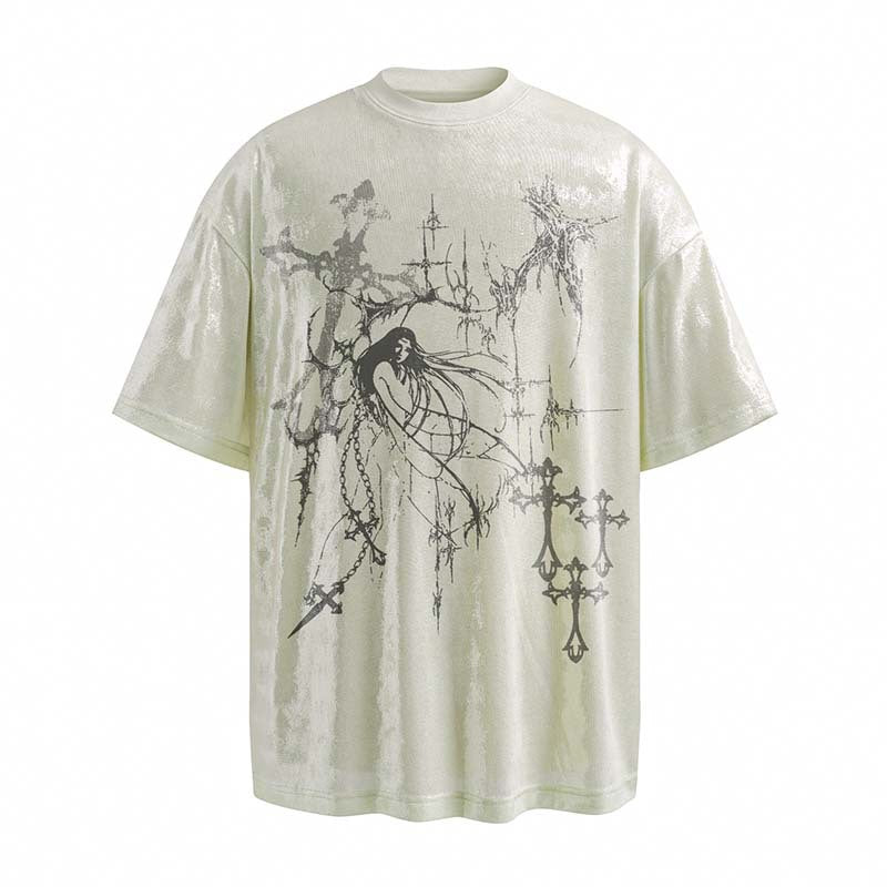 High Street American Martial Arts Character Chain Cross Printed Short Sleeve T-shirt Men