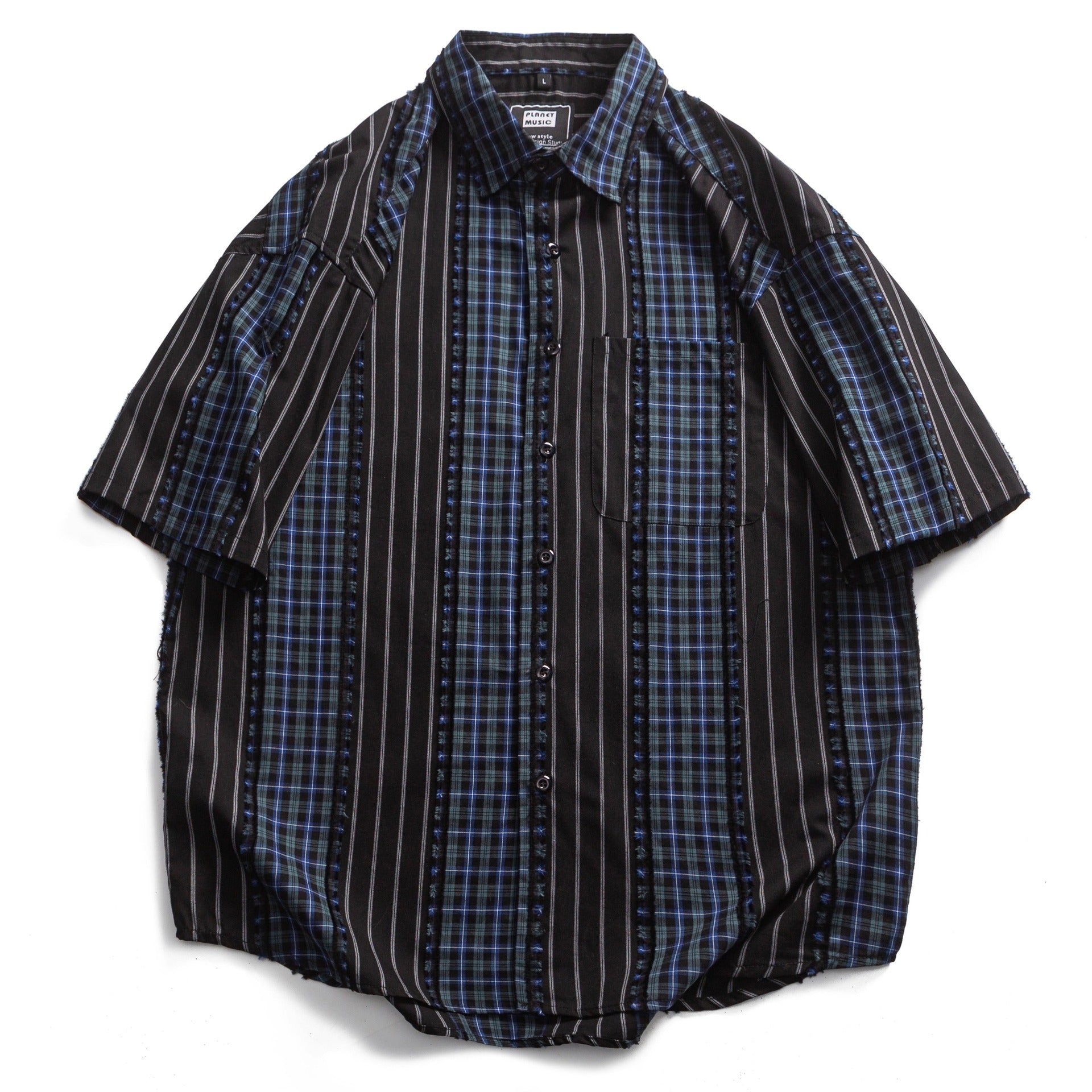 Striped Plaid Colorblock Frayed Short-sleeved Shirt