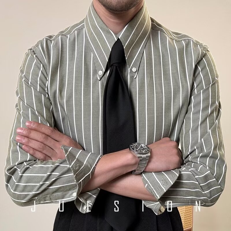 Mens Retro Casual White Striped Long-Sleeve Shirt