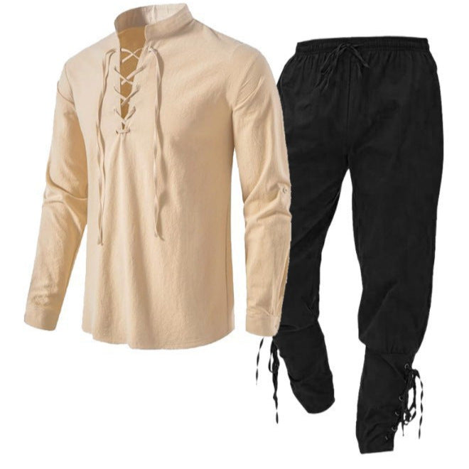 Men's Long Sleeve Linen Cotton Shirt Casual Solid Color Two-Piece Set