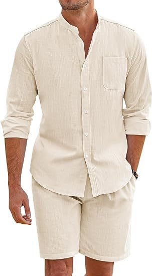 Men's Cotton Linen Comfortable Long Sleeve Shirt Shorts Suit