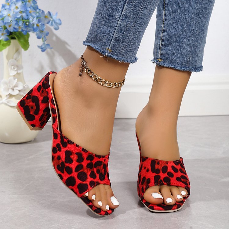 Leopard Square Toe Sandals Summer High-heeled Slippers Chunky Heel Shoes For Women null