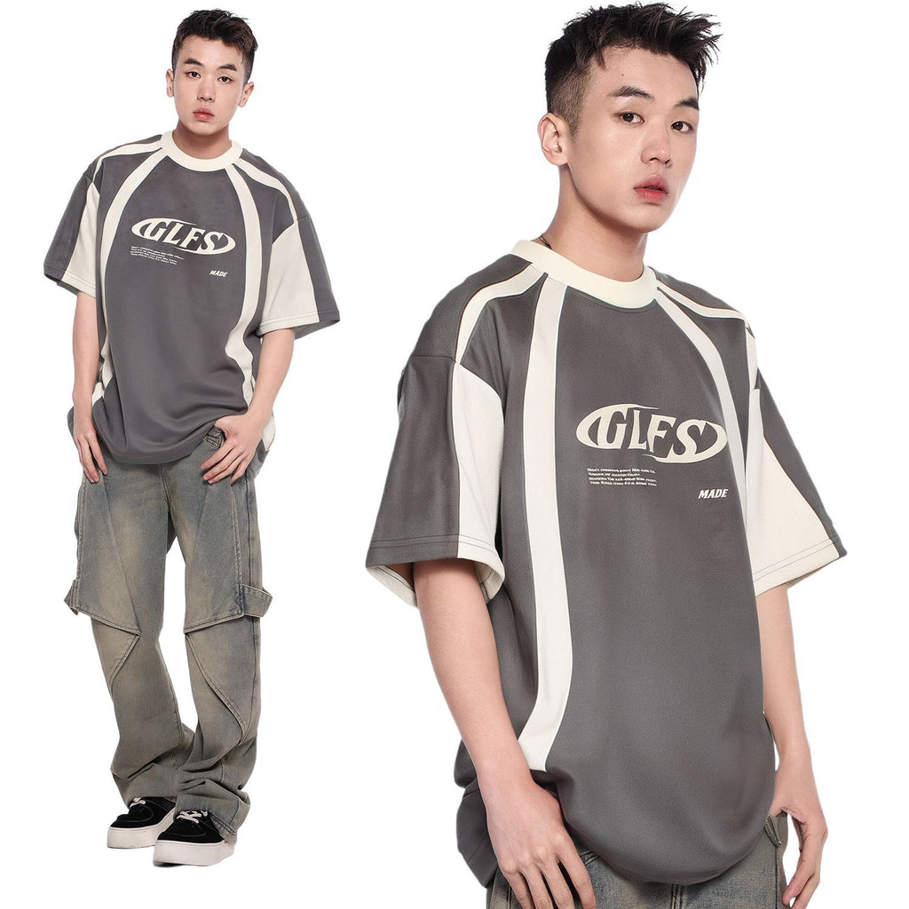 Summer Letters High-grade Design Men's Loose Deconstructed Suede Short-sleeved T-shirt