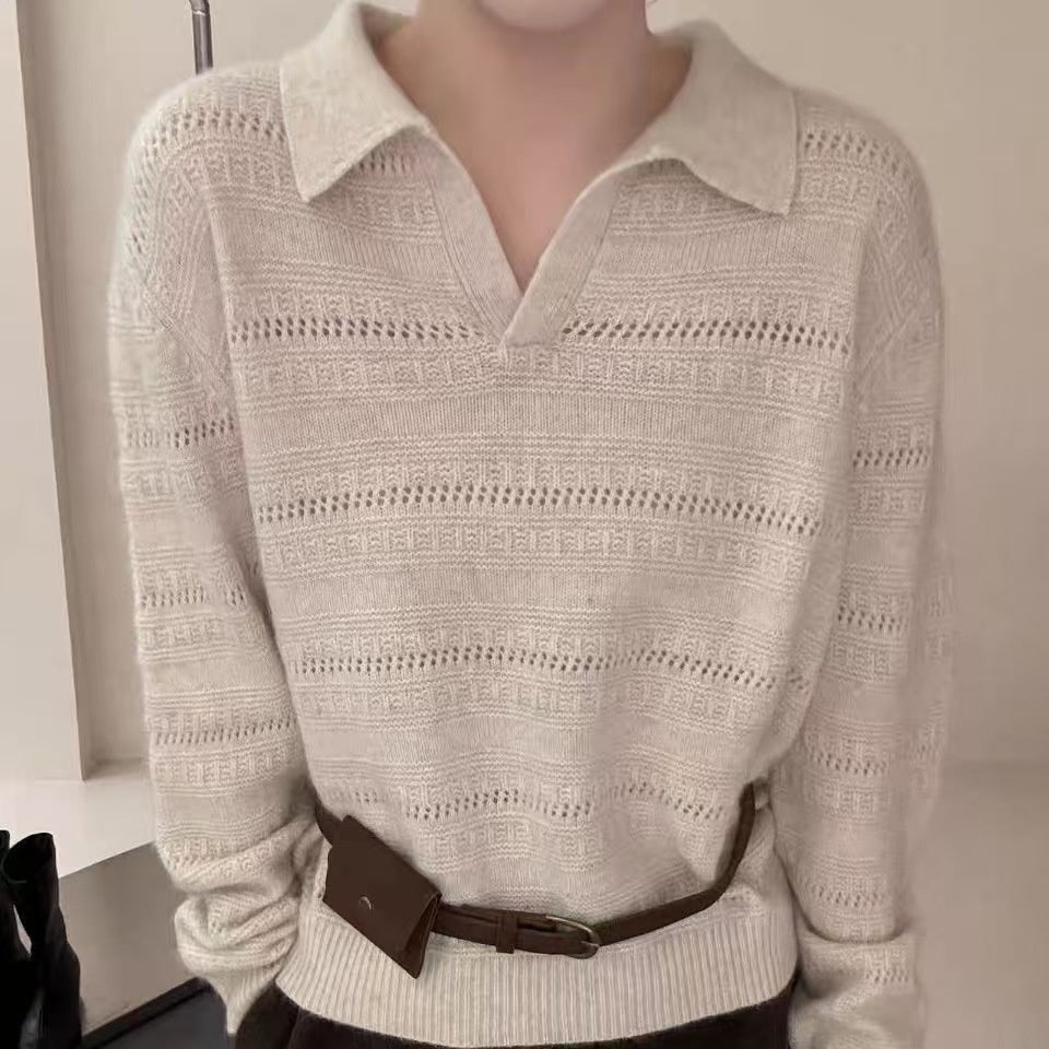 Womens Polo-Neck Sweater Fashionable Casual Artistic Solid-Color