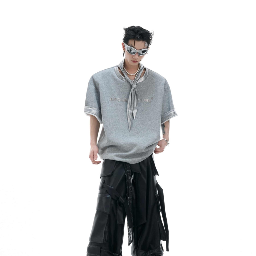 Tie Stitching Design Short Sleeve Metal Printing Simple T-shirt Tide