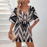 Women's Printed V-neck One-piece Sleeve Loose Jumpsuit