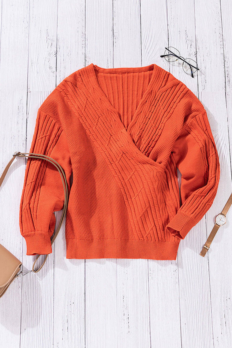 Women's Solid Color Long-sleeved V-neck Pullover Sweater null