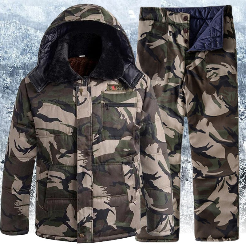 Alt Tag: Winter Thickened Fleece Lined Camouflage Cotton Padded Jacket For Men hooded camouflage padded winter jacket and pants set, Japanese workwear style