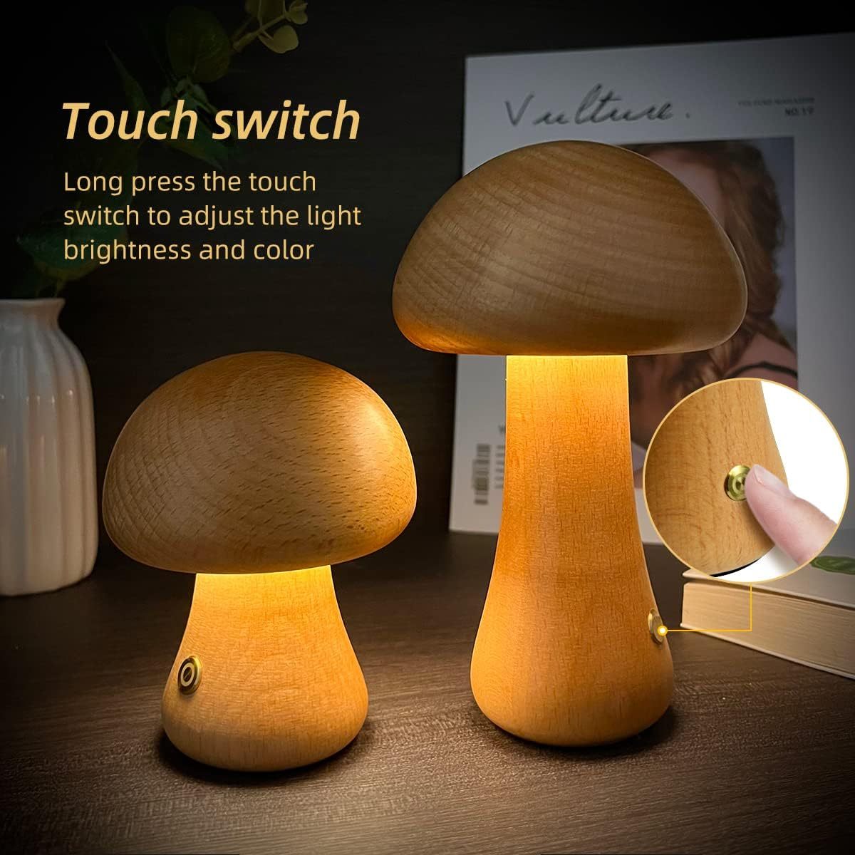 INS Wooden Cute Mushroom LED Night Light With Touch Switch  Bedside Table Lamp For Bedroom Childrens Room Sleeping Night Lamps Home Decor null