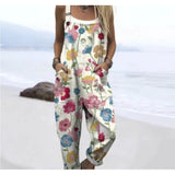 Women's Summer Digital Printing Button Casual Suspender Trousers