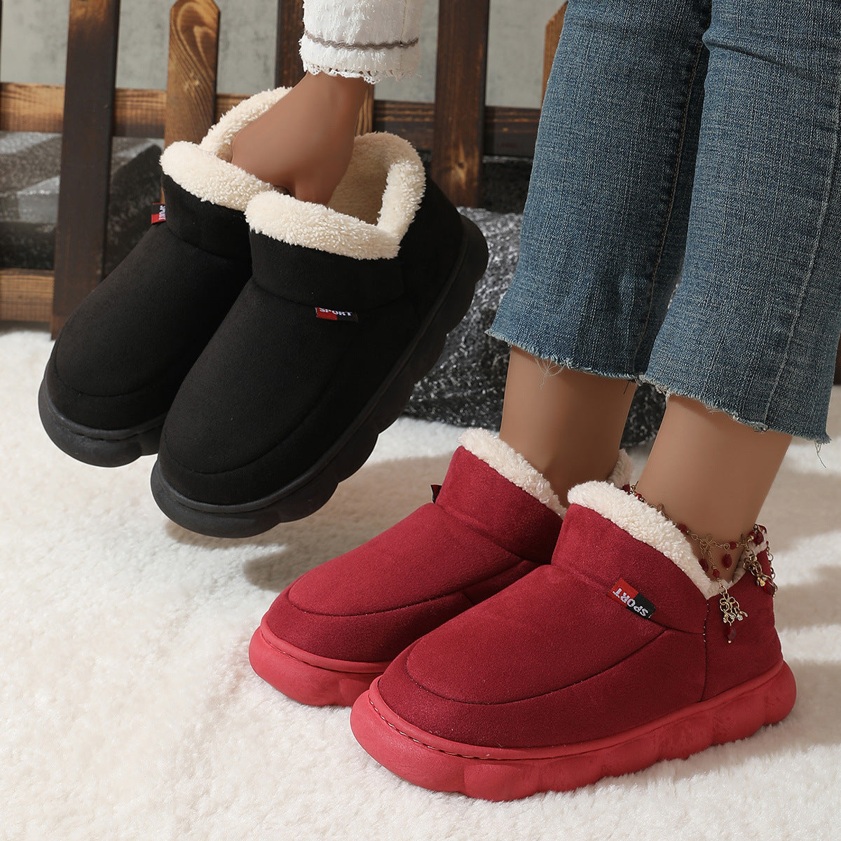 Winter Plush Cotton Shoes Women Men Warm Suede House Shoes For Parents Solid Color Thick-soled Garden Shoes Outdoor null