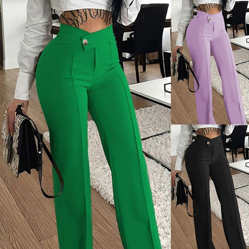 Slim Straight-leg Pants With Buckle Fashion Solid Color Trousers For Womens Clothing null