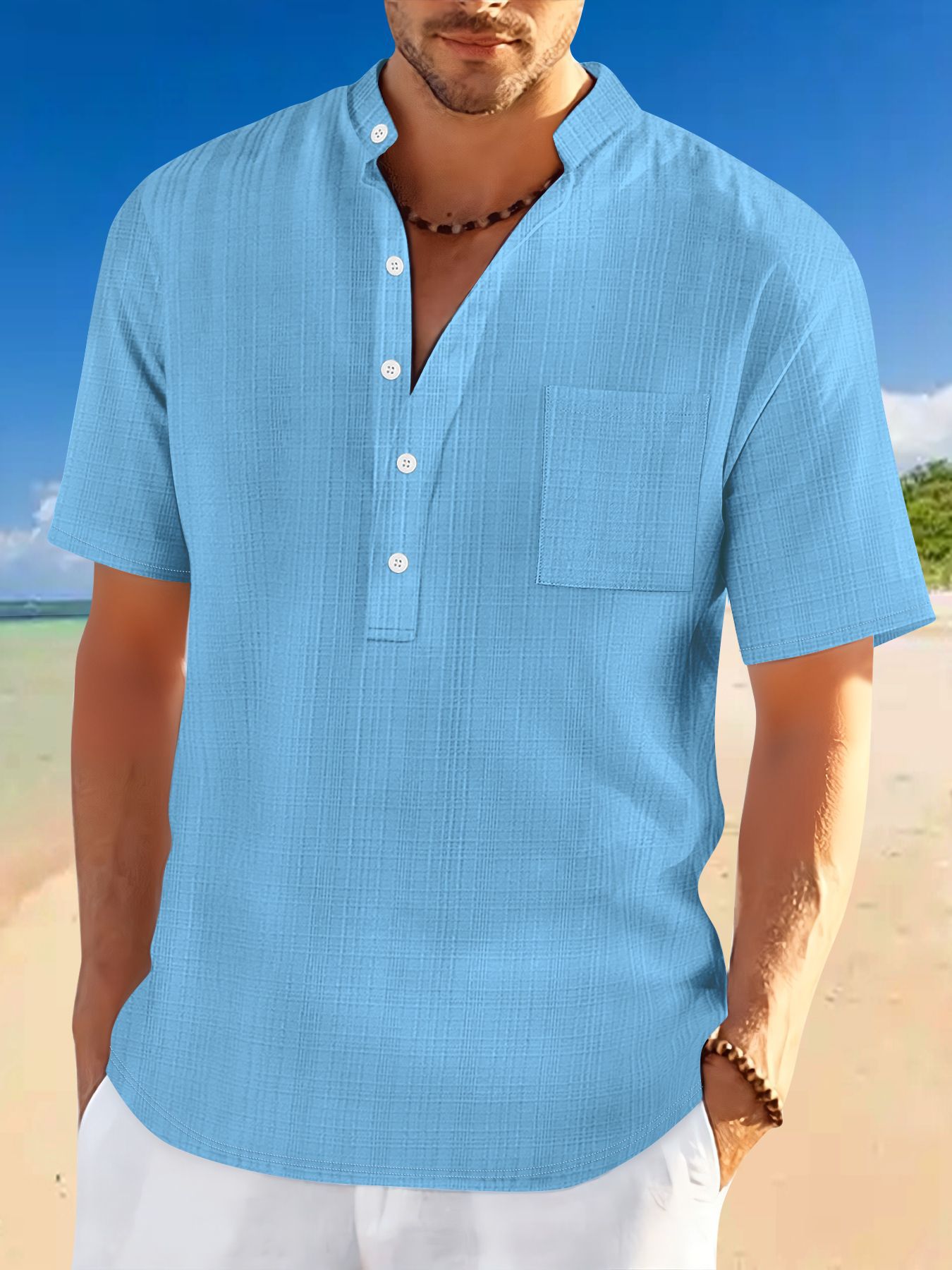 Stand Collar Short Sleeve Loose Leisure Vacation Henley Shirt