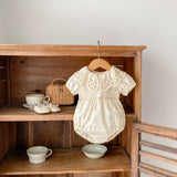 Big Lace Lapel Heart Printing Short Sleeved Kazakhstan Young Baby Girl Onesie Jumpsuit