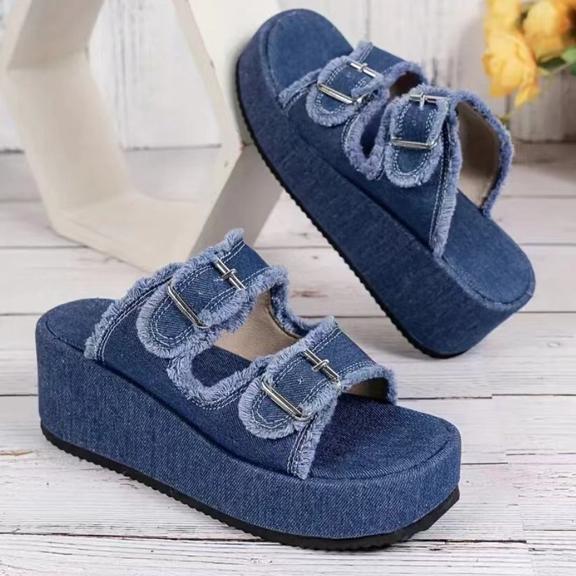 Fashion Denim Buckle Wedges Sandals Summer Outdoor High Heel Slippers Thick Bottom Camouflage Shoes For Women null