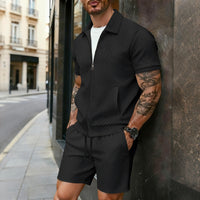 Jacquard Zip-up Cardigan Short-sleeve Jacket And Shorts Set