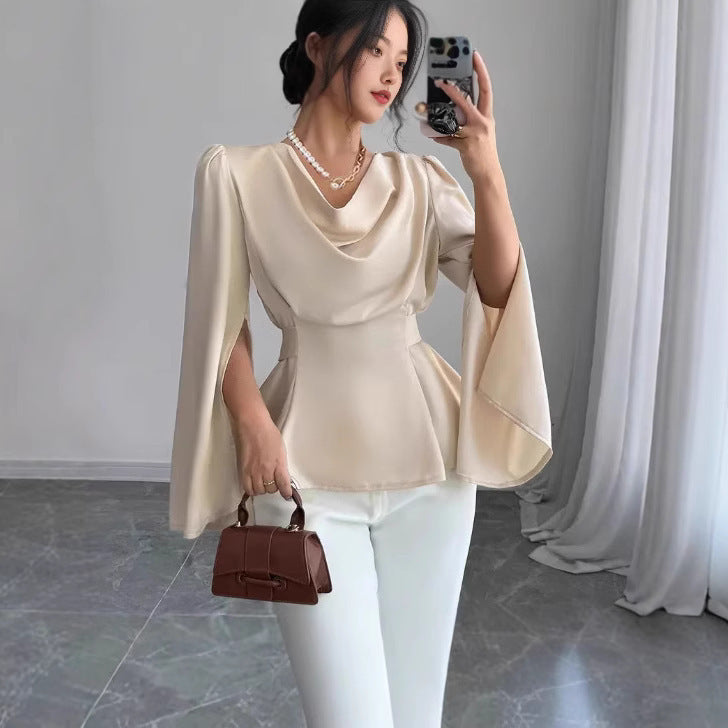 Women's Satin Flare Sleeve Waist Trimming Shirt null