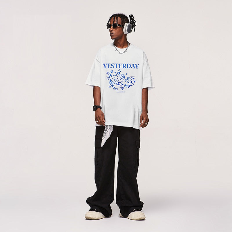 Contrast Color Cat Puff Print T-shirt American Style Trend Short Sleeve