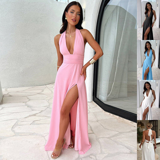 Sexy Halterneck V-neck Slit Dress Summer Backless Strappy Skirt Fashion Temperament Clothing Women.