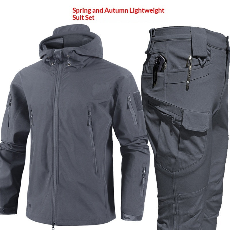 Alt Tag: Camouflage Padded Jacket And Pants Suit for men, breathable waterproof windproof outdoor set with hooded jacket and cargo pants