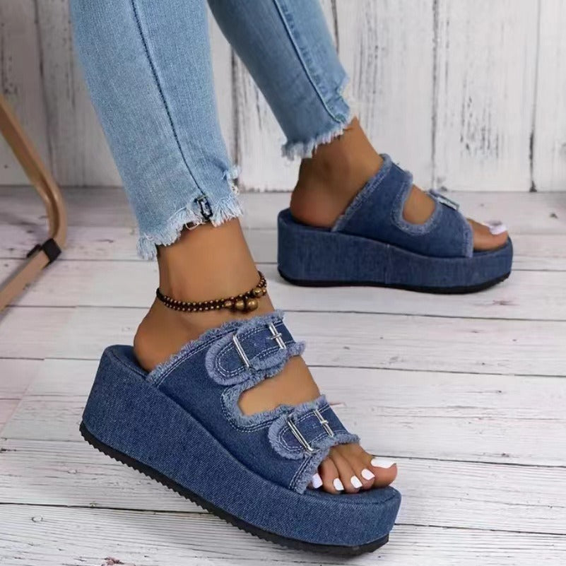 Fashion Denim Buckle Wedges Sandals Summer Outdoor High Heel Slippers Thick Bottom Camouflage Shoes For Women null