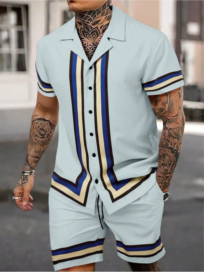 Fashion Men's Cuban Collar Shirt Two-piece Set