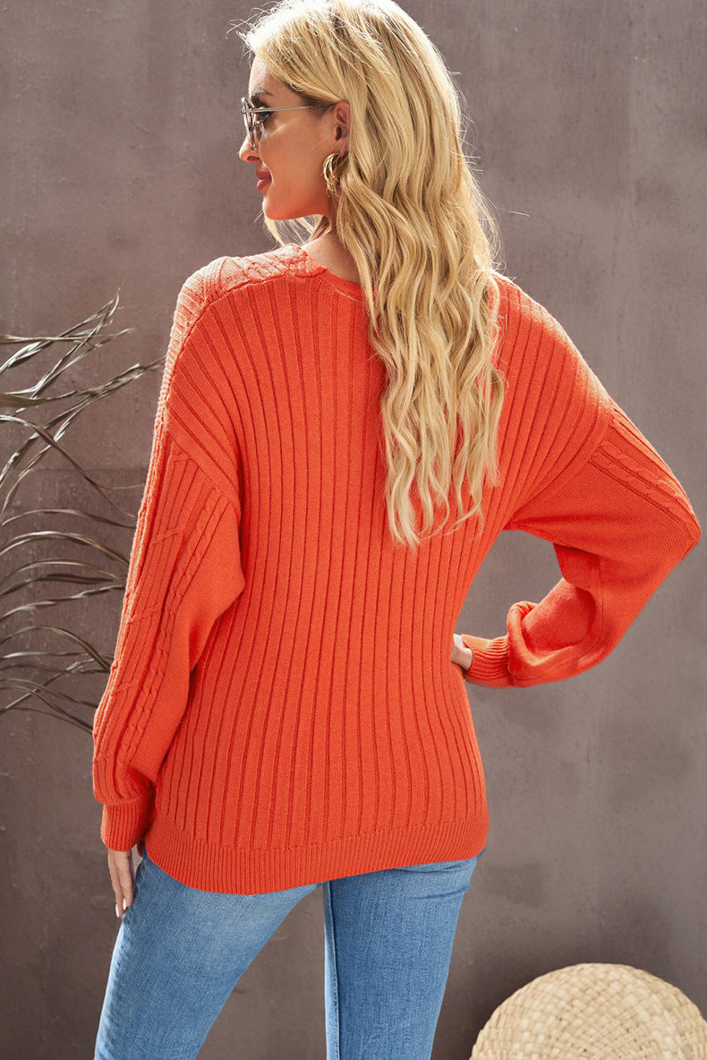 Women's Solid Color Long-sleeved V-neck Pullover Sweater null