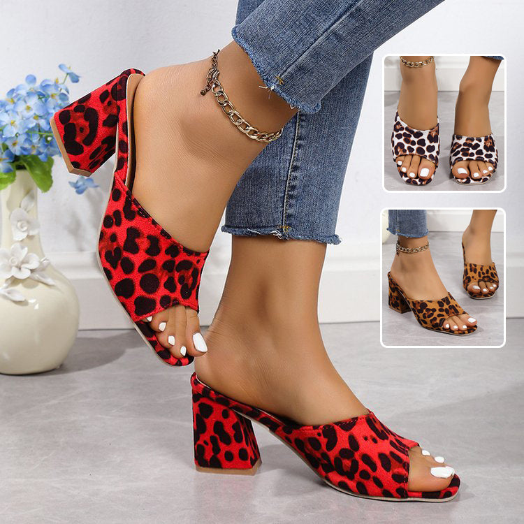 Leopard Square Toe Sandals Summer High-heeled Slippers Chunky Heel Shoes For Women null