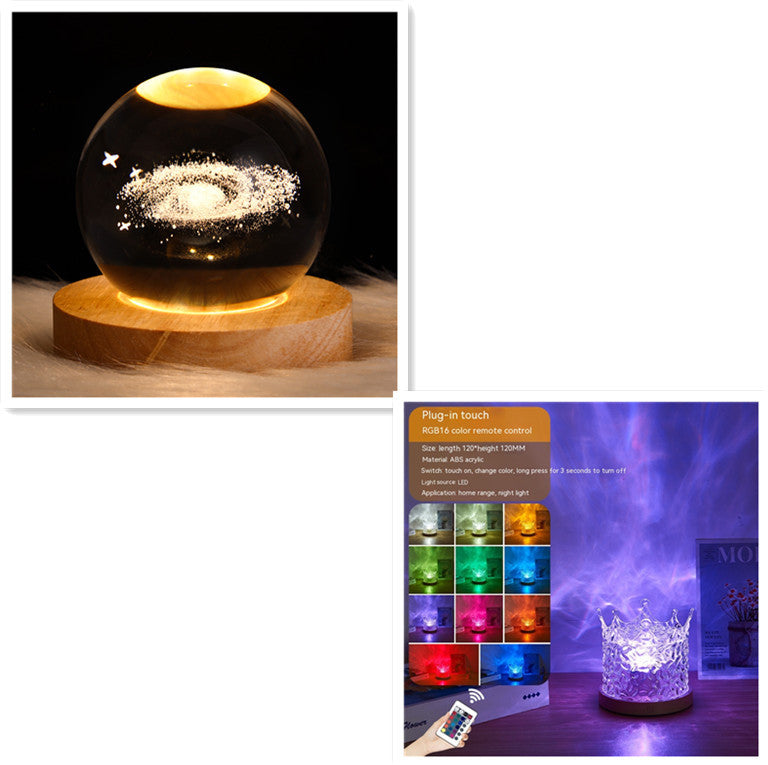 LED Water Ripple Ambient Night Light USB Rotating Projection Crystal Table Lamp RGB Dimmable Home Decoration 16 Color Gifts null