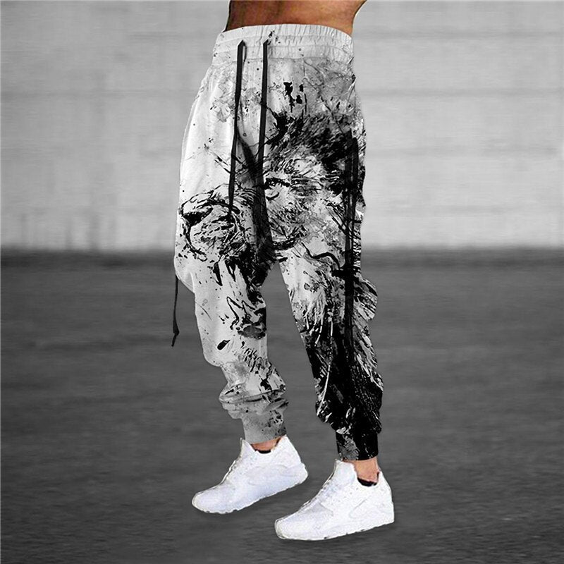 Drawstring Elastic Waist Retro Harem Pants With 3D Animal Print Mens Athletic Trousers