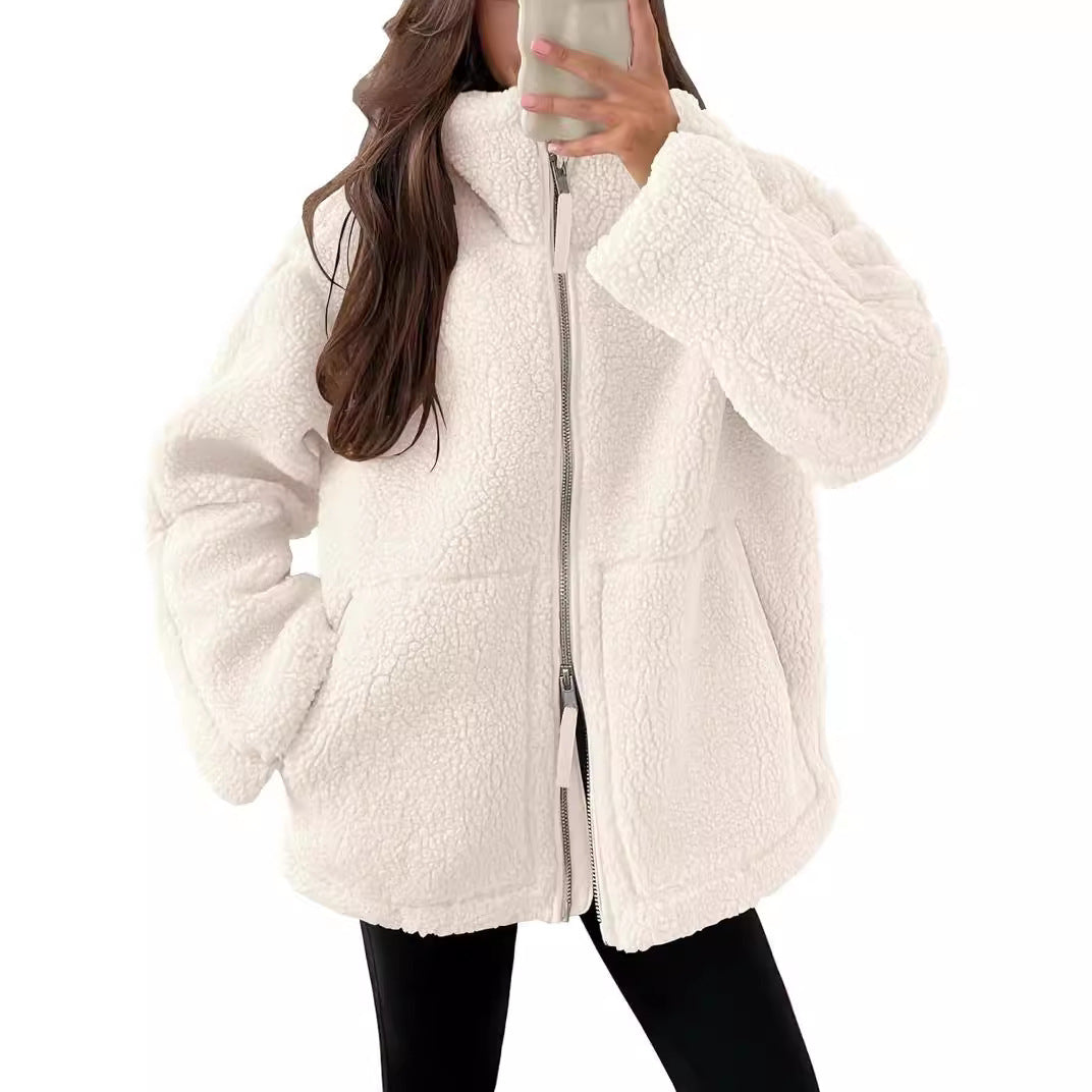 Winter Lapel Zip-up Coat With Pockets Casual Fashion Solid Fleece Jacket Fall Spring Long Sleeve Women's Clothing null