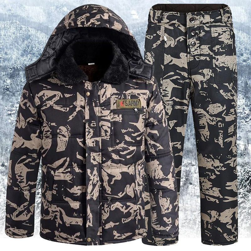 Winter Thickened Fleece Lined Camouflage Cotton Padded Jacket For Men hooded fleece-lined camo winter jacket and pants set, Japanese workwear style