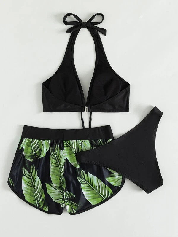 3pcs Leaf Print Bikini With Shorts Fashion Summer Beach Swimsuit Womens Clothing.