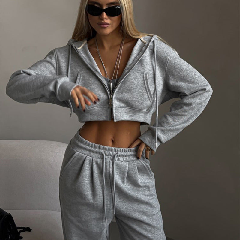 Casual Suit Solid Color Short Midriff Outfit Hooded Cardigan Lace-up Sweatpants null