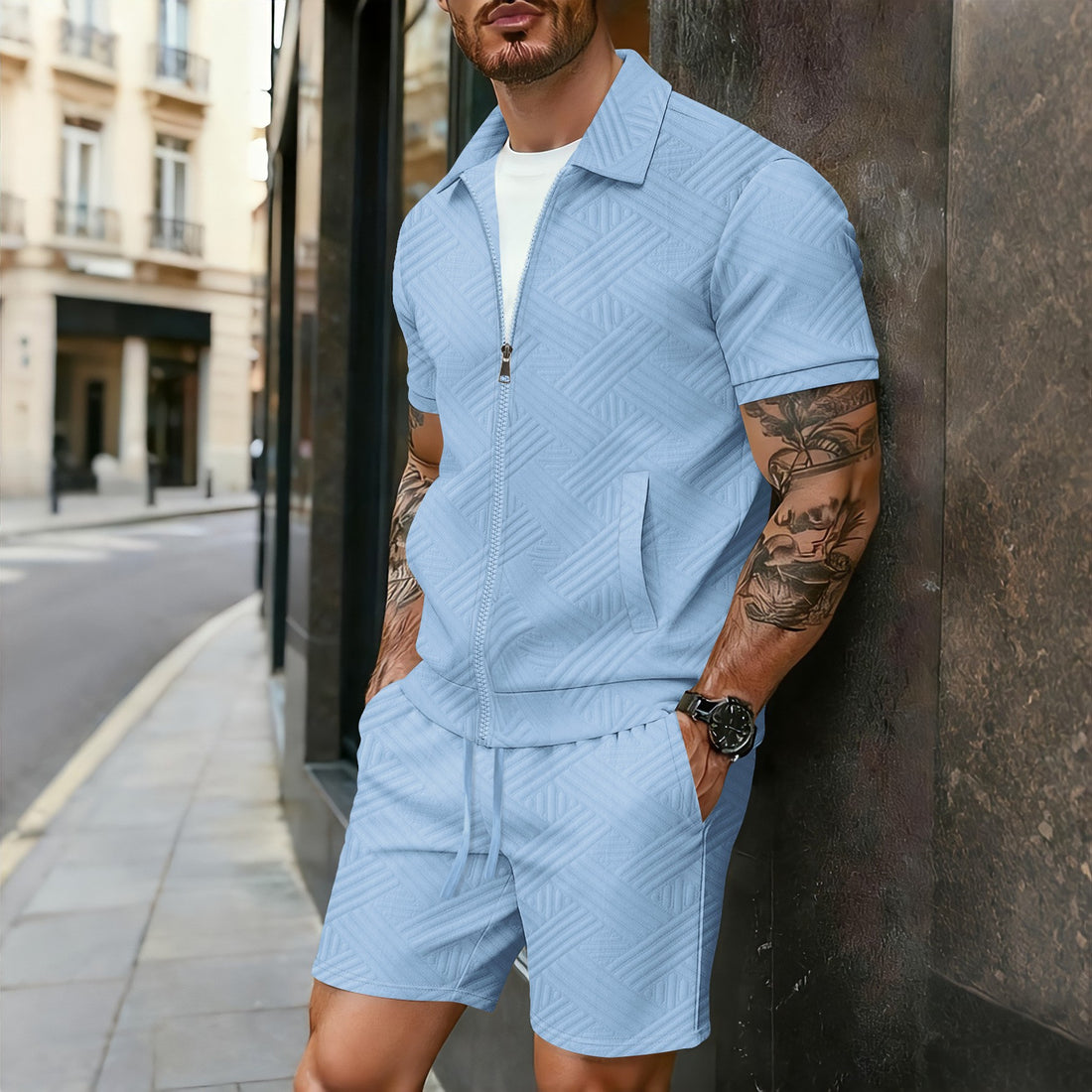 Jacquard Zip-up Cardigan Short-sleeve Jacket And Shorts Set