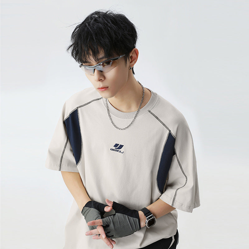 Contrast Color Men's Round Neck Embroidered T-shirt