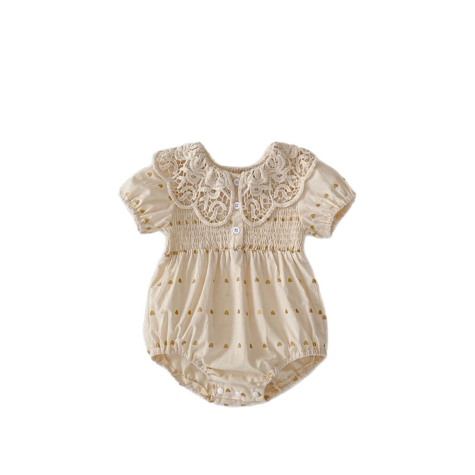 Big Lace Lapel Heart Printing Short Sleeved Kazakhstan Young Baby Girl Onesie Jumpsuit