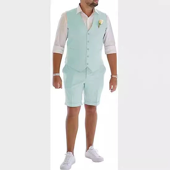 Men's Linen Suit 2 Piece Set Beach Wedding Shorts And Vest Suit