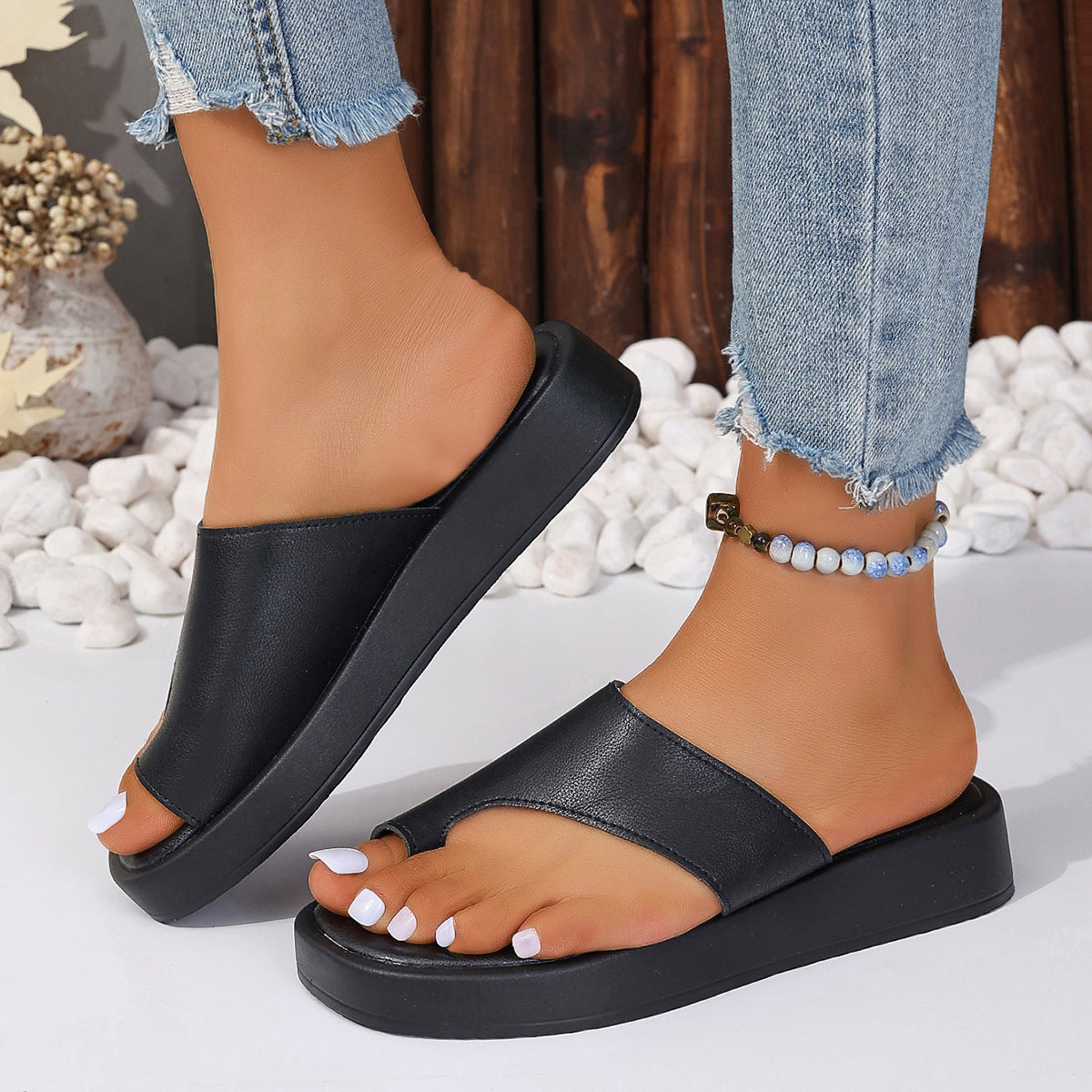 Thick-soled Clip Toe Flat Slippers Outdoor Summer Casual Solid Color Slides Shoes For Women null