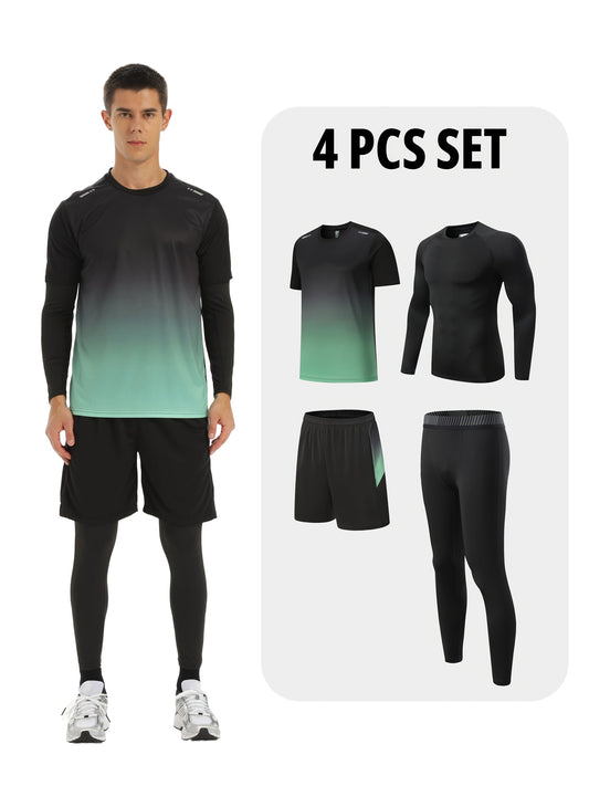 4pcs Sports Suit Quick-drying Elastic Fitness Suit Short Sleeve T-shirt Shorts Bottom Top Bottom Pants Men's Fitness Suit Running Equipment Morning Running Suit Cycling Training Suit Dropshipman