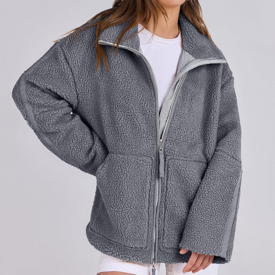 Winter Lapel Zip-up Coat With Pockets Casual Fashion Solid Fleece Jacket Fall Spring Long Sleeve Women's Clothing null