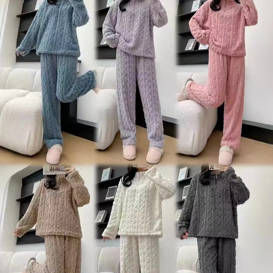 Autumn And Winter New Twist Zipper Couple Fleece-lined Thick Coral Fleece Pajamas Homewear Loungewear Sleepwear For Sleeping null