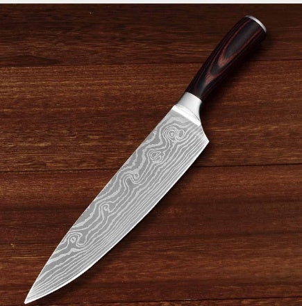 Alt Tag: Slicing Knife Chef's Multipurpose Knife Cooking Knife with Damascus-style stainless steel blade and dark wood handle on wooden surface