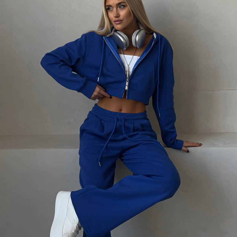 Casual Suit Solid Color Short Midriff Outfit Hooded Cardigan Lace-up Sweatpants null