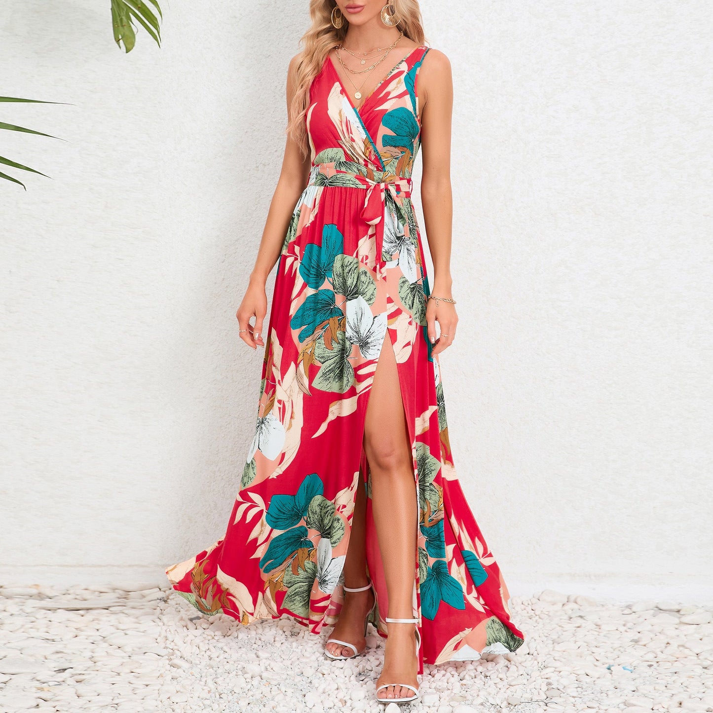 V-neck Floral Print Long Dress Summer Fashion Waist Tie Slit Design Sleeveless Dress For Womens Clothing.