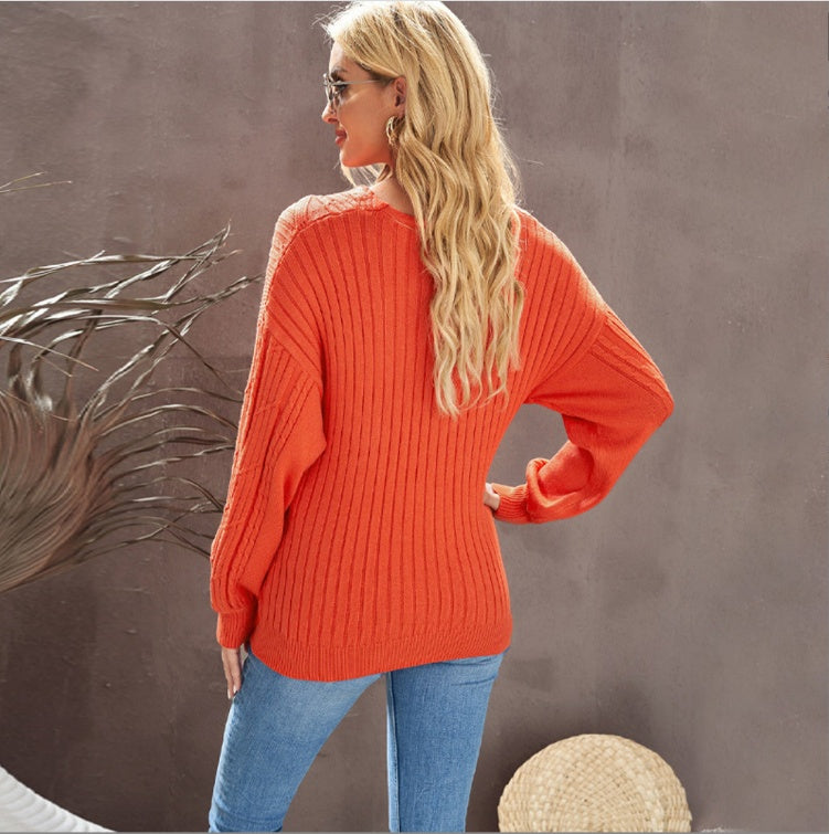 Women's Solid Color Long-sleeved V-neck Pullover Sweater null